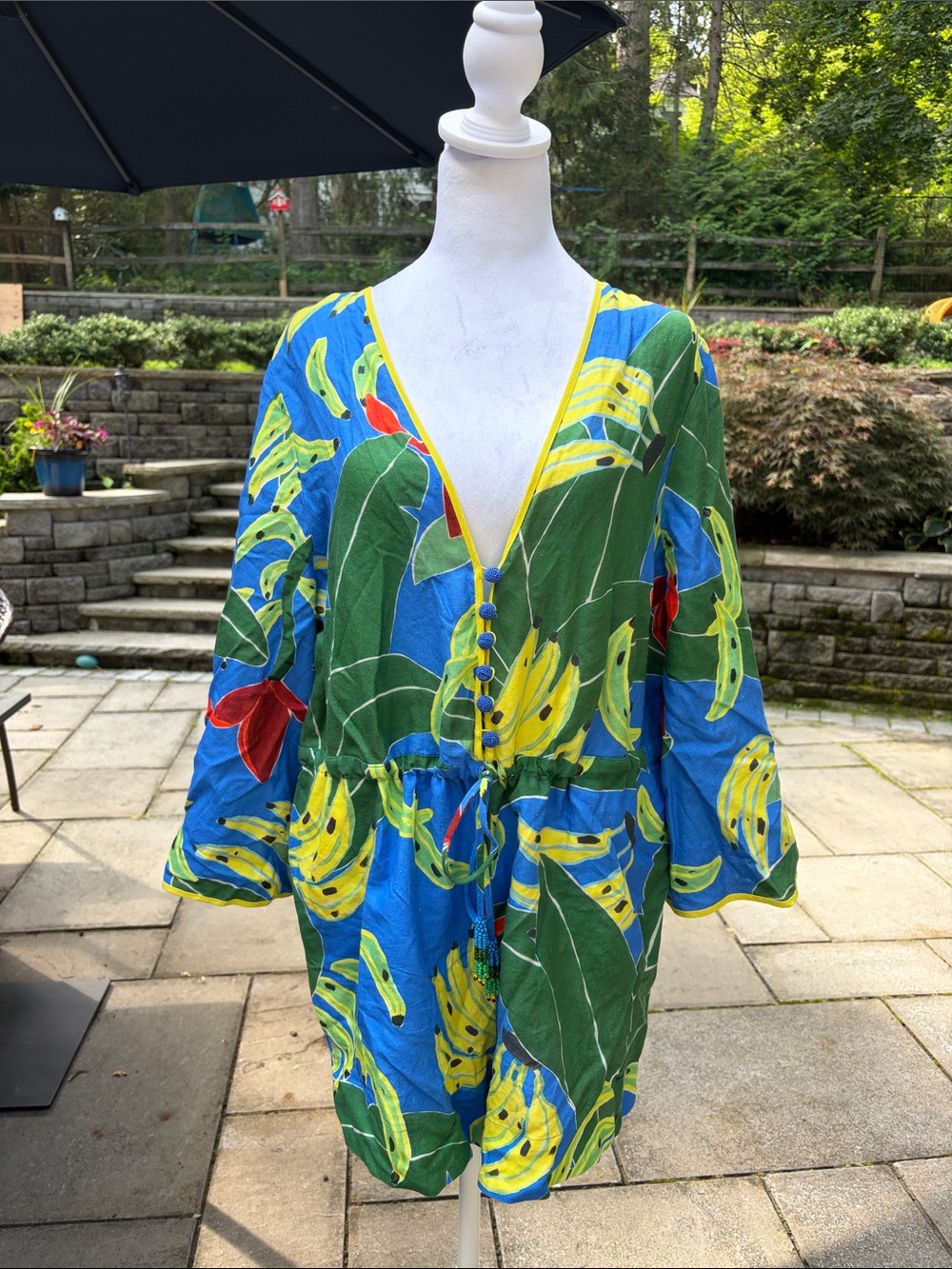 Farm Rio NWT Blue Banana Leaves Tropical V-Neck Drawstring Linen Romper, size L - Picture 4 of 14